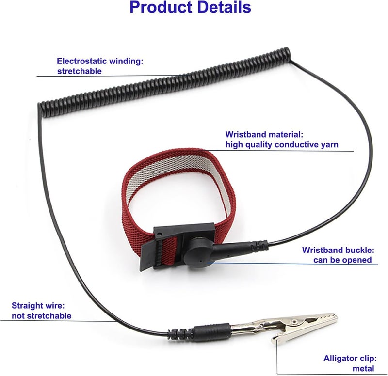 Zoolfix 10 Pack ESD Wrist Strap with Grounding Plug, Adjustable Coiled Cord (Red) - Image 3
